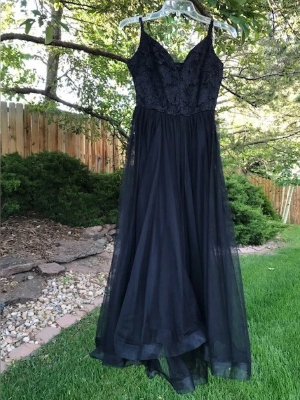 NWOT Tulle + Lace Evening Dress Black Hi-Low Hem, sz S, new with small defect